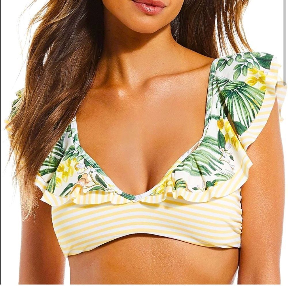 NWT New Gianni Bini Tropical Lemons Ruffled Bralette Bikini Swim Feminine L
